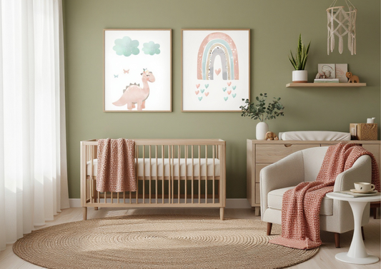 Nursery room with a crib, chair, and wall art on a green wall.