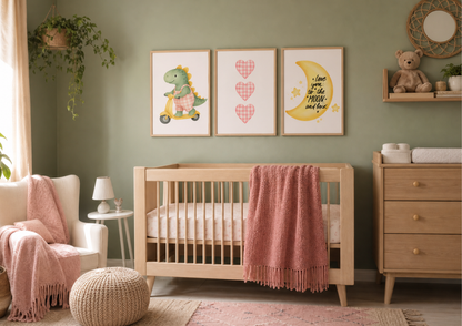 Girls Gingham Dino Nursery Prints | Celestial Baby Wall Art