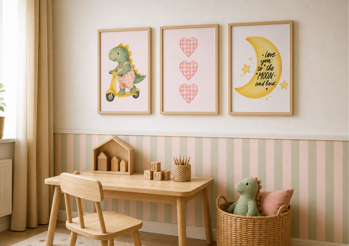 Girls Gingham Dino Nursery Prints | Celestial Baby Wall Art
