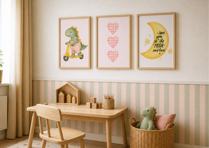 Girls Gingham Dino Nursery Prints | Celestial Baby Wall Art