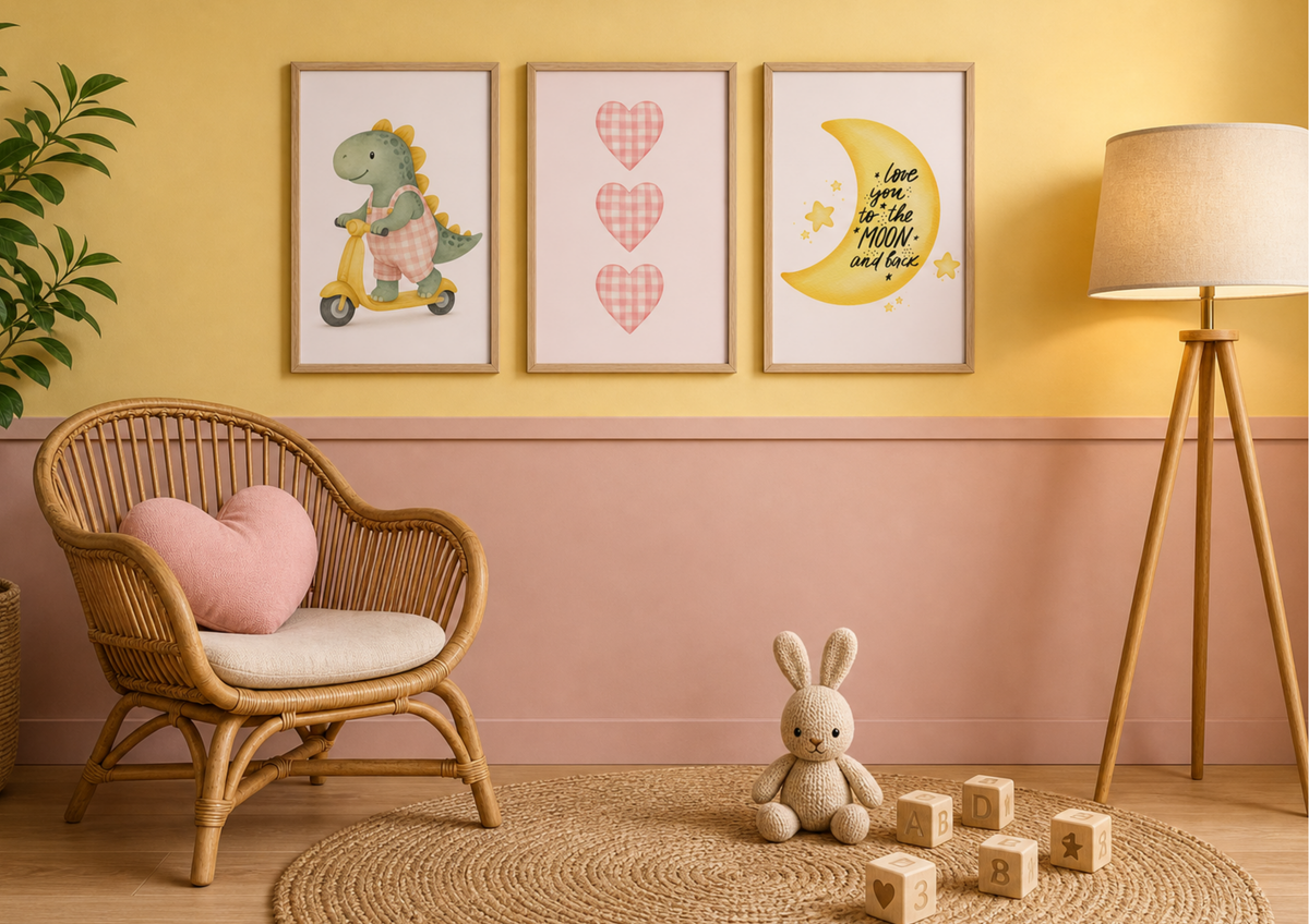 Girls Gingham Dino Nursery Prints | Celestial Baby Wall Art