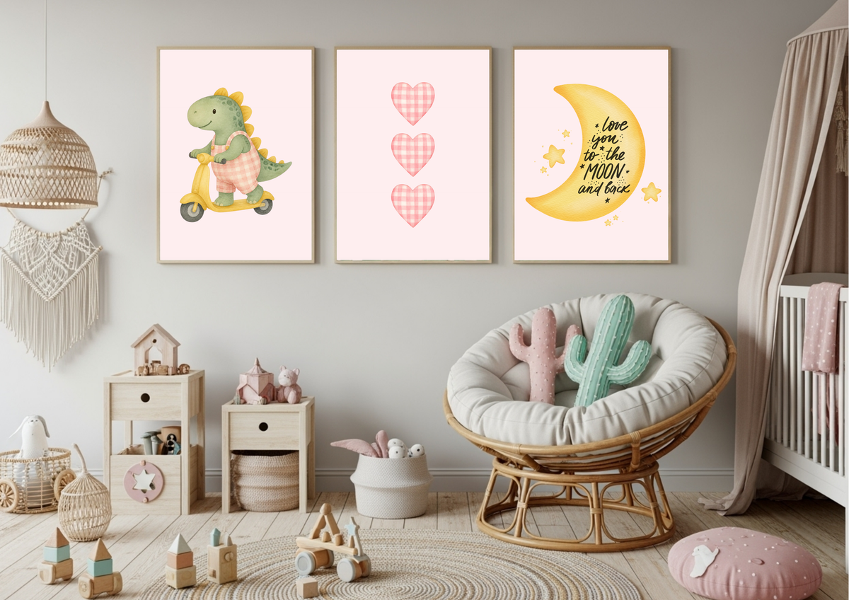 Girls Gingham Dino Nursery Prints | Celestial Baby Wall Art