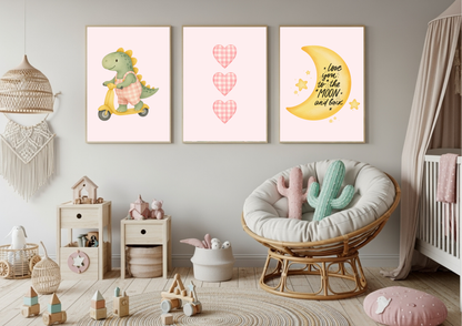 Girls Gingham Dino Nursery Prints | Celestial Baby Wall Art