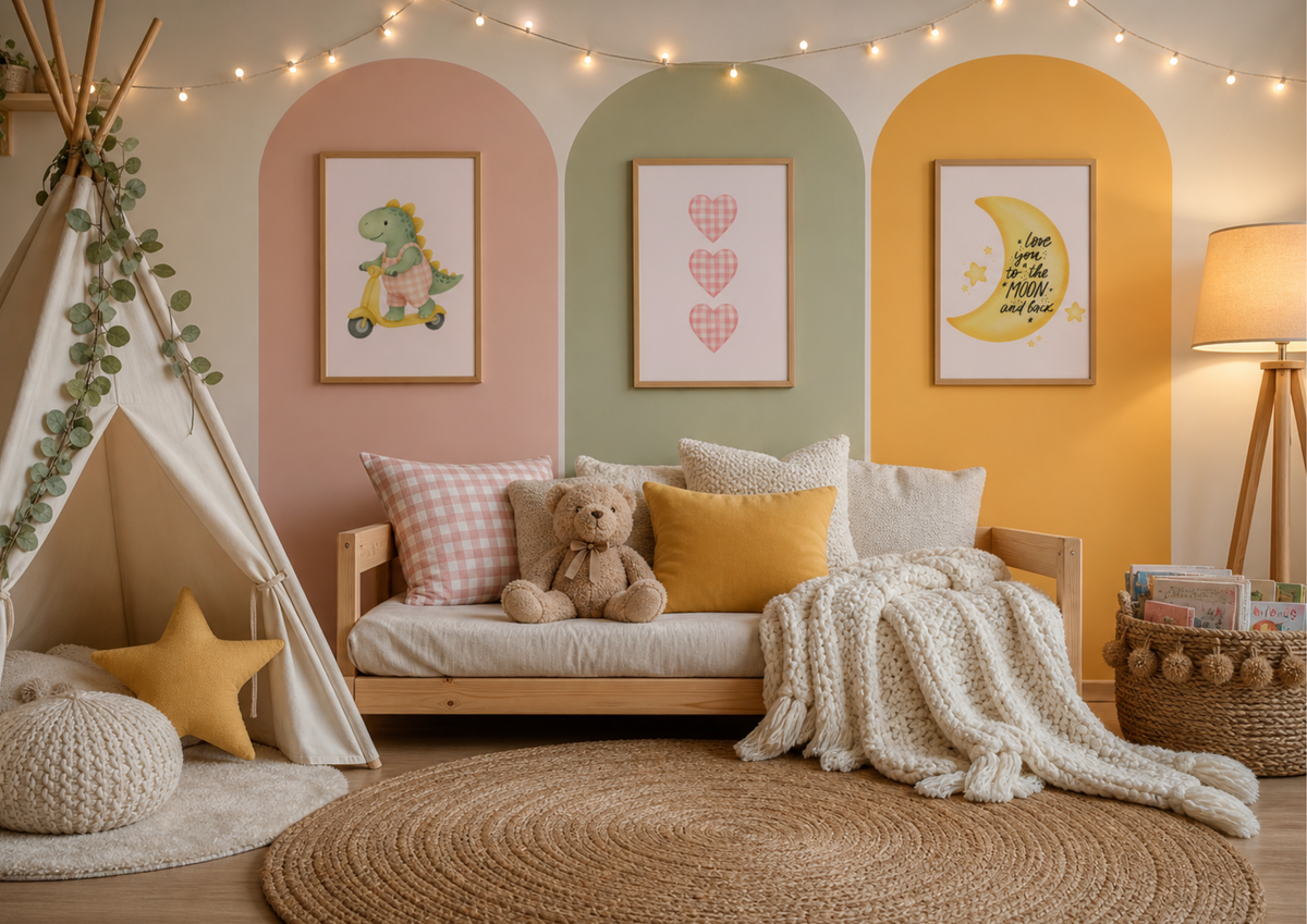 Girls Gingham Dino Nursery Prints | Celestial Baby Wall Art