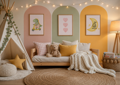 Girls Gingham Dino Nursery Prints | Celestial Baby Wall Art