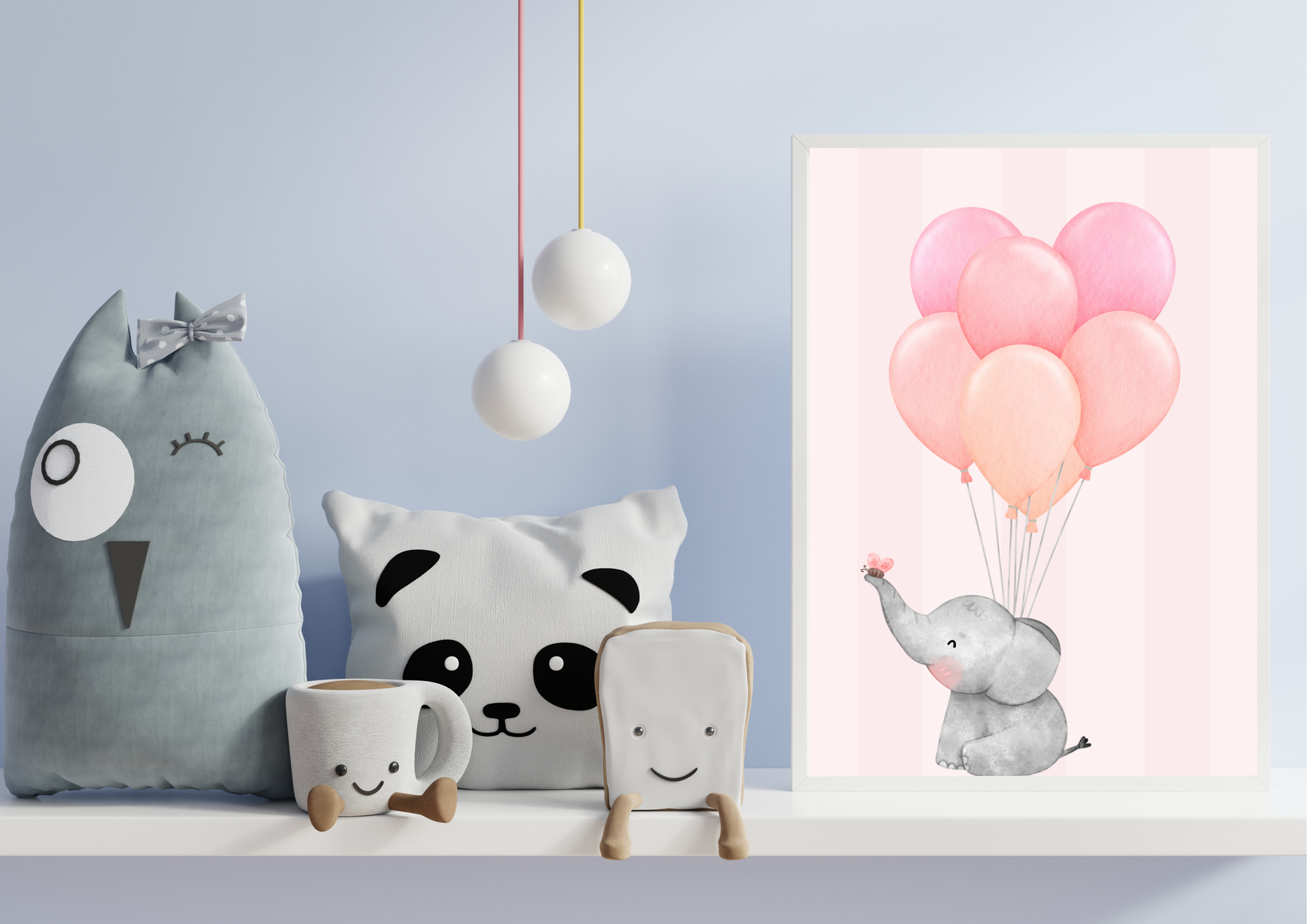 Children's room decor with pillows, a mug, and a wall art of an elephant holding balloons.