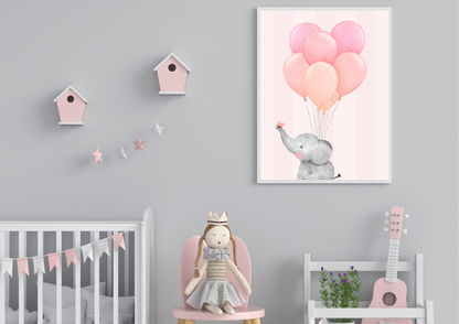 Nursery room with a wall art of an elephant holding pink balloons, a crib, and a chair with a doll.