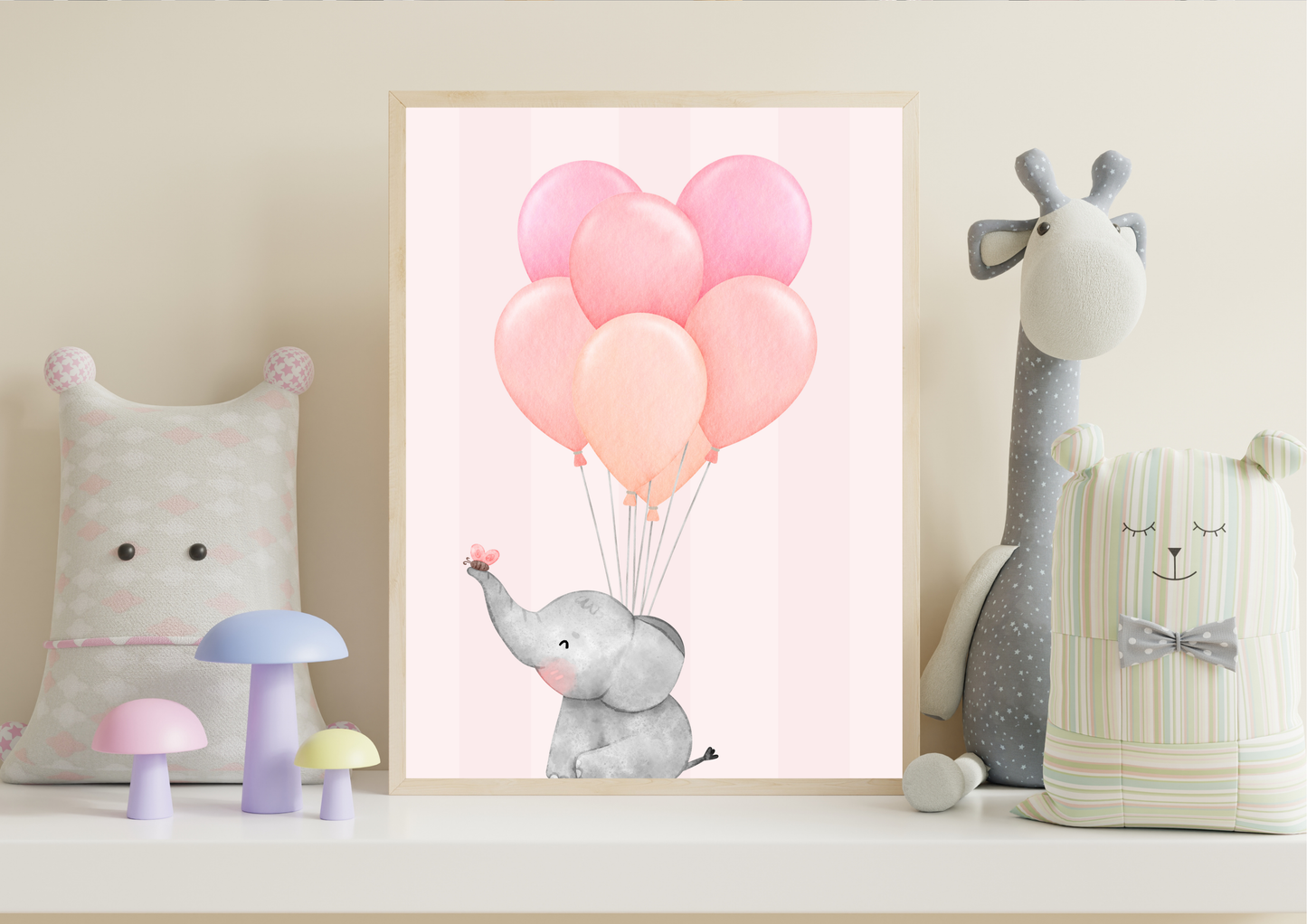 Framed artwork of an elephant holding pink balloons on a wall with decorative items.