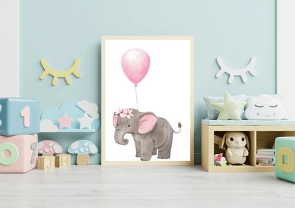 A framed nursery print of a baby elephant with a floral crown holding a pink balloon, standing on a light blue wall between two shelves with children's toys and decor.