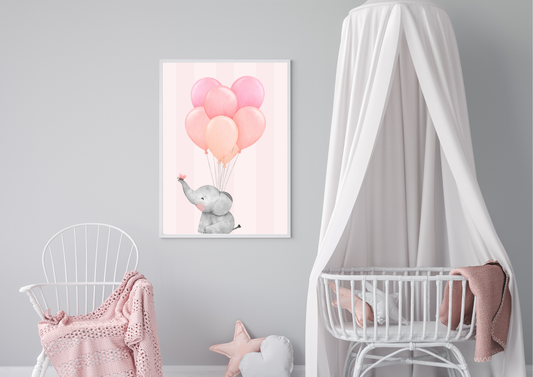 Children's room with a crib, chair, and wall art of an elephant with balloons.