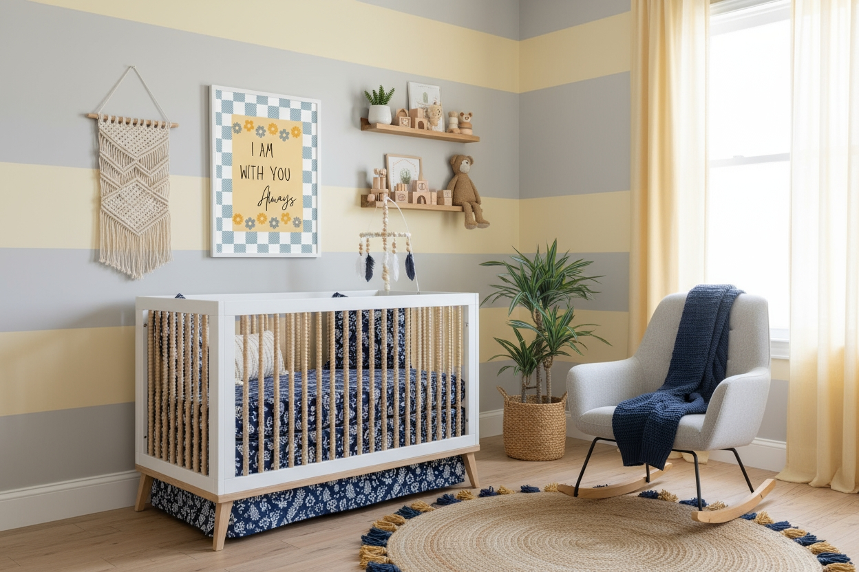 A contemporary nursery with walls painted in horizontal stripes of pastel yellow and gray. The framed I Am With You Always Christian print with a blue checkered border hangs above a white and natural wood crib. The room features a gray rocking chair with a navy blue blanket, a large jute rug, floating wooden shelves, and a macrame wall hanging.