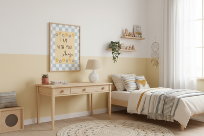 A child's bohemian bedroom with walls painted half white and half pastel yellow. The framed "I Am With You Always" religious art with blue check and yellow flowers hangs above a light wood desk. The room features a twin bed, a large circular braided rug, floating shelves, and a dream catcher.