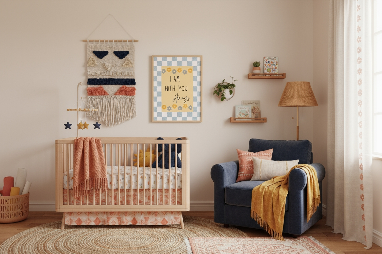 cozy nursery decorated in earthy tones with a white and natural wood crib. The framed I Am With You Always print with a blue and white check border hangs above the crib. The room features a dark blue armchair with mustard yellow and rust-colored throws and pillows, a large woven wall hanging, and wooden floating shelves.