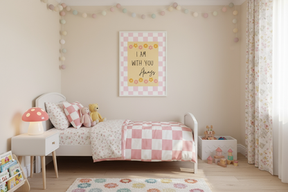 A child's bedroom features a white bed with pink and white checkered bedding. Above the bed hangs a framed "I Am With You Always" religious nursery print with a pink checkered and floral background. A mushroom lamp sits on a white nightstand, and colorful pom-pom garlands decorate the wall.