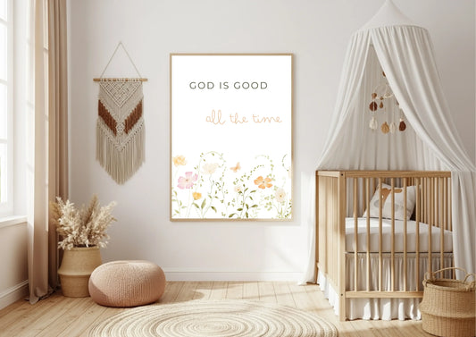 Nursery room with wooden crib, decorative wall art, and macramé wall hanging.