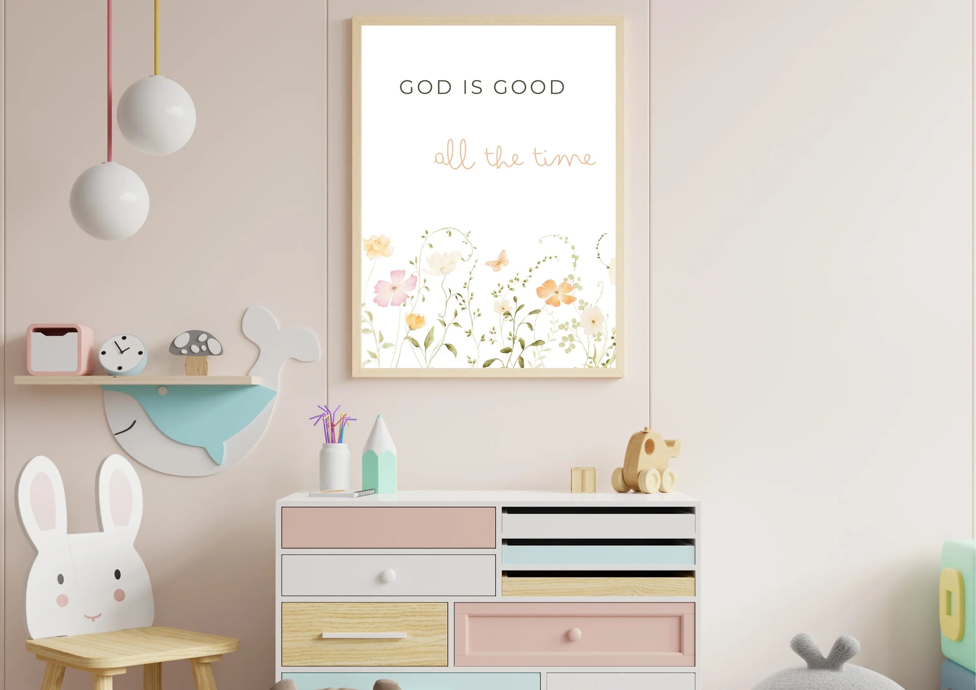 Children's room with a dresser, toys, and a 'God is Good All the Time' poster on the wall.