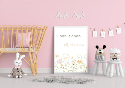 Nursery room with pink walls, wooden crib, and decorative elements.