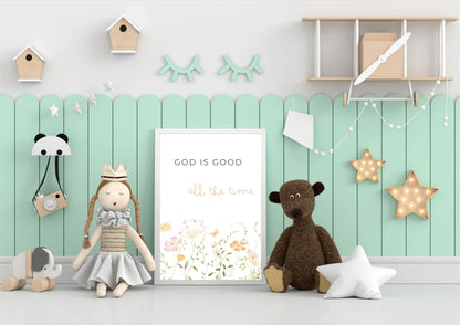 Children's room with toys, a poster, and decorative elements on a light green wall.
