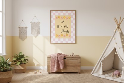 A child's playroom features a wall painted half white and half pastel yellow, with a wooden toy chest in the center. Above the chest, the "I Am With You Always" religious print is framed. A neutral-colored teepee, potted plants in wicker baskets, and macrame wall hangings decorate the room.