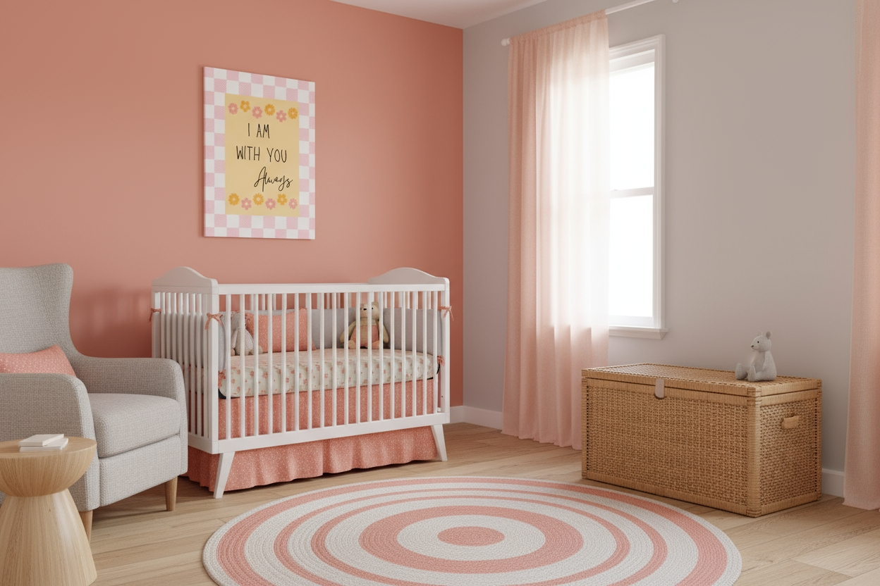 A cozy baby nursery with a terracotta-colored accent wall. Above a white crib, the framed religious nursery print with the "I Am With You Always" message hangs. The room includes a light gray armchair, a woven wicker toy chest, and a round rug featuring concentric circles of pink and white.