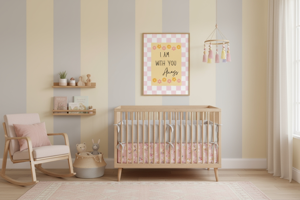 A neutral-toned baby nursery with walls painted in vertical pastel yellow and gray stripes. A light wood crib sits below the framed "I Am With You Always" religious print. The room features a light pink rocking chair, a woven basket with toys, wooden floating shelves with decor, and a tassel mobile.