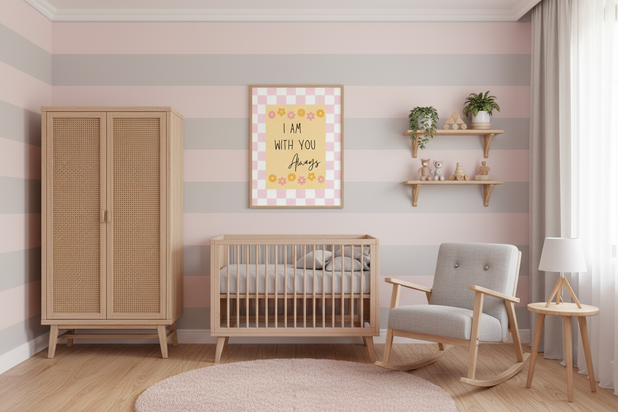 A contemporary baby nursery decorated with wide horizontal pink and gray stripes on the wall. The "I Am With You Always" religious print is centered above a natural wood crib. The room features a cane wardrobe, a light gray rocking chair, a small pink round rug, and wooden floating shelves.