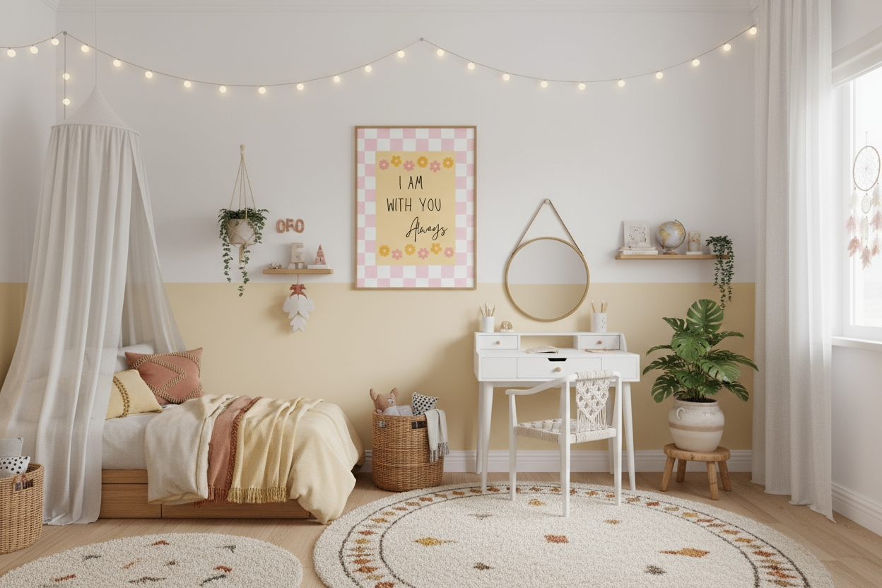 A child's bohemian-style bedroom with a wall painted half white and half pastel yellow. The framed I Am With You Always religious print hangs centrally above a white desk and round mirror. The room features a canopy bed, string lights, a round woven rug, and several potted plants.