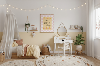 A child's bohemian-style bedroom with a wall painted half white and half pastel yellow. The framed I Am With You Always religious print hangs centrally above a white desk and round mirror. The room features a canopy bed, string lights, a round woven rug, and several potted plants.