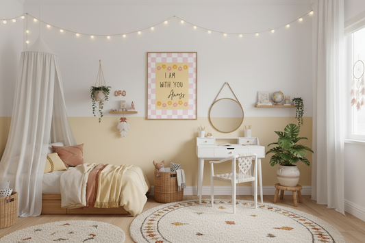 A child's bohemian-style bedroom with a wall painted half white and half pastel yellow. The framed I Am With You Always religious print hangs centrally above a white desk and round mirror. The room features a canopy bed, string lights, a round woven rug, and several potted plants.