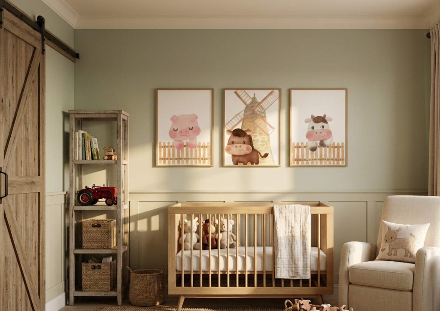 A photorealistic, sunlit farm-themed nursery featuring a set of three framed watercolor art prints hanging side by side on a soft sage green wall above a light wood crib. The prints depict a cute pink pig, a brown horse next to a windmill, and a spotted cow, all peeking over a wooden fence. The room is bathed in warm golden hour sunlight, showcasing a rustic wooden barn door, a neutral glider chair with a patterned pillow, a toy-filled bookshelf, and wooden toys on a woven jute rug.