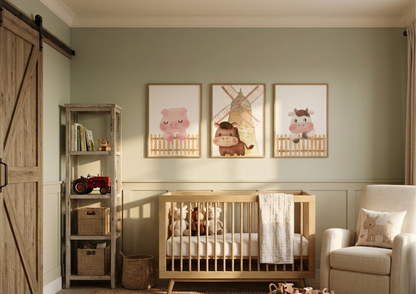 A photorealistic, sunlit farm-themed nursery featuring a set of three framed watercolor art prints hanging side by side on a soft sage green wall above a light wood crib. The prints depict a cute pink pig, a brown horse next to a windmill, and a spotted cow, all peeking over a wooden fence. The room is bathed in warm golden hour sunlight, showcasing a rustic wooden barn door, a neutral glider chair with a patterned pillow, a toy-filled bookshelf, and wooden toys on a woven jute rug.