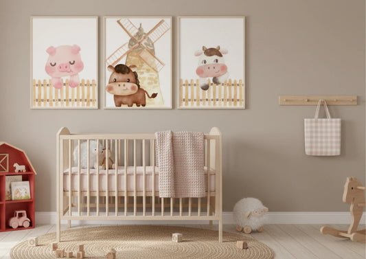 Nursery room with a crib, wall art of animals, and toys.