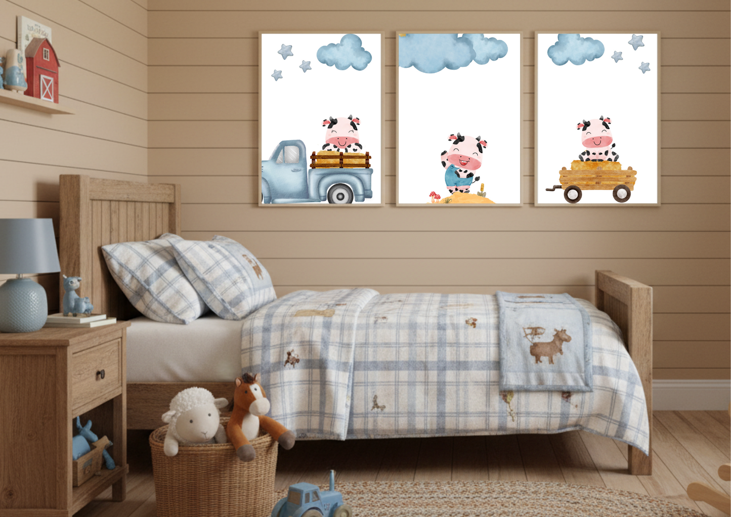 Three framed Farm Cow Nursery Art prints displayed above a child's bed in a farm-themed bedroom with wooden furniture.