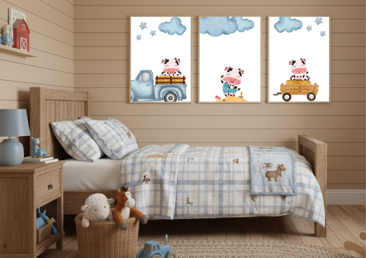Three framed Farm Cow Nursery Art prints displayed above a child's bed in a farm-themed bedroom with wooden furniture.