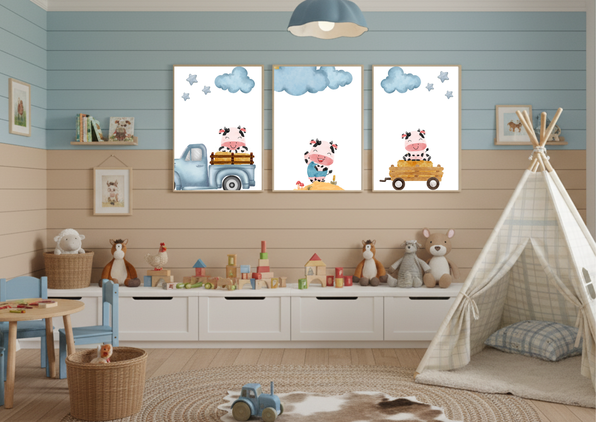 Three framed Farm Cow Nursery Art prints over a white storage unit in a playroom with blue shiplap walls and a teepee tent.