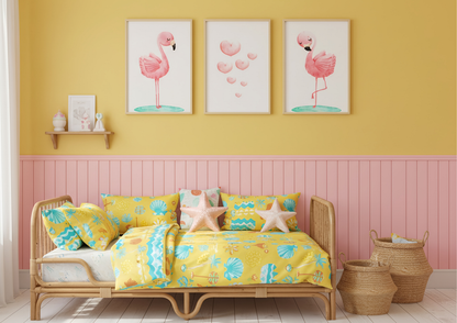 Children's bedroom with yellow walls, pink accents, and flamingo-themed decor.