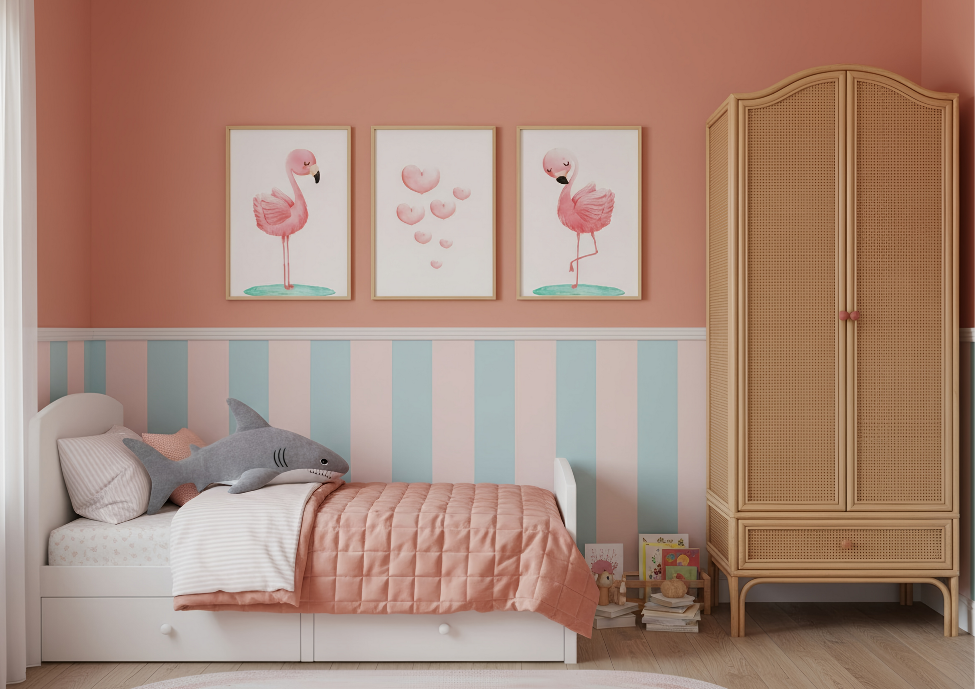 Children's bedroom with pink flamingo decor, striped wall, and wooden wardrobe.
