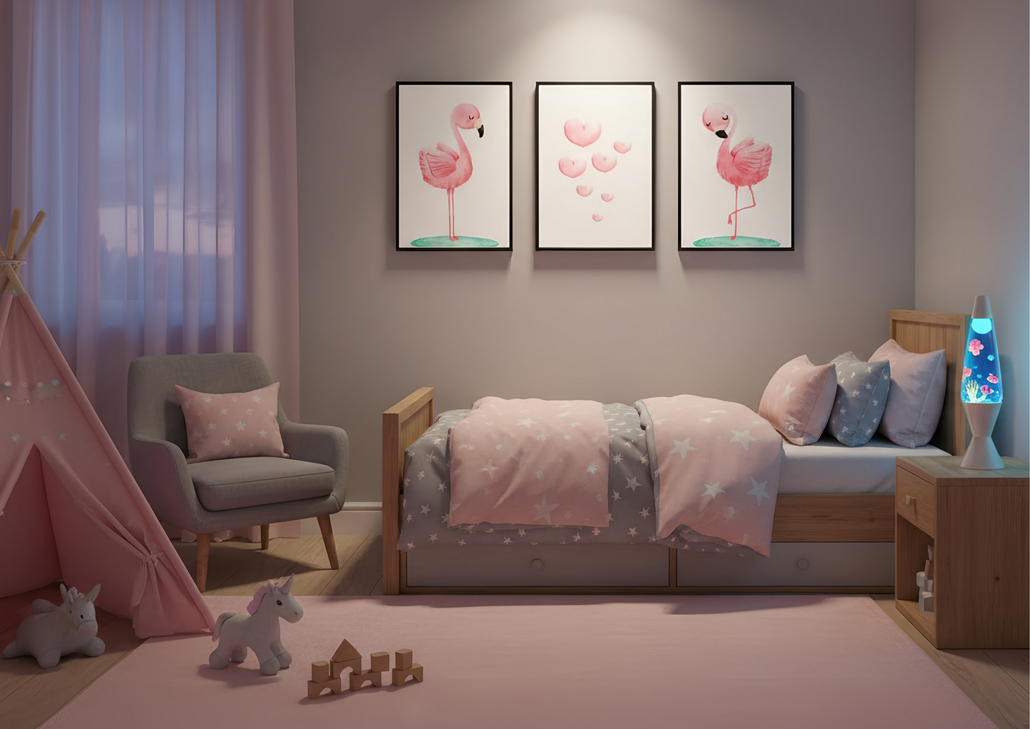 Children's bedroom with pink flamingo decor, bed, and toys.