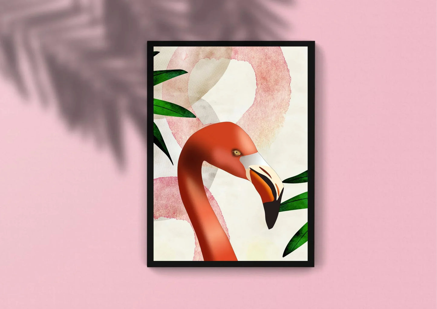Framed artwork of a flamingo on a pink background