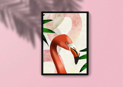 Framed artwork of a flamingo on a pink background