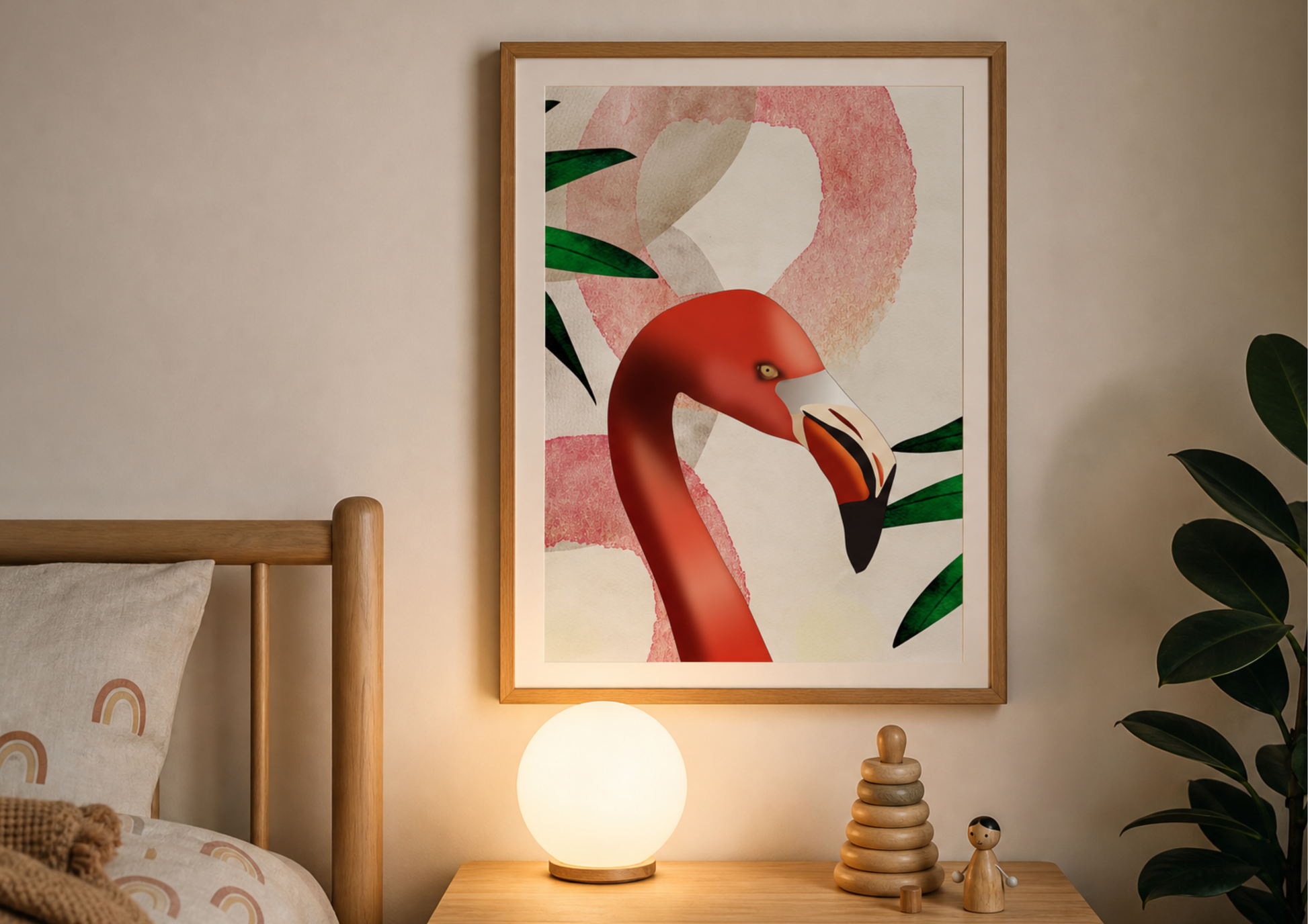 A framed art print featuring a stylized red flamingo with green leaves on a cream background, hanging on a beige wall above a wooden nightstand with a glowing lamp and small decorative objects.