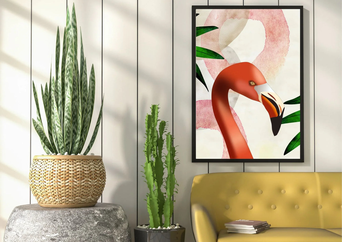 Flamingo artwork on a wall above a yellow sofa with potted plants.