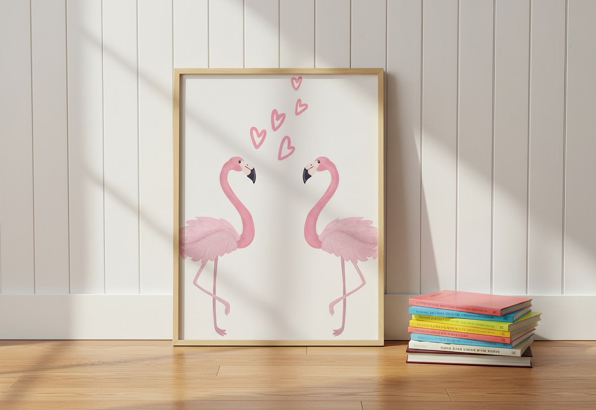 Framed artwork of two pink flamingos on a wooden floor with books in the background.
