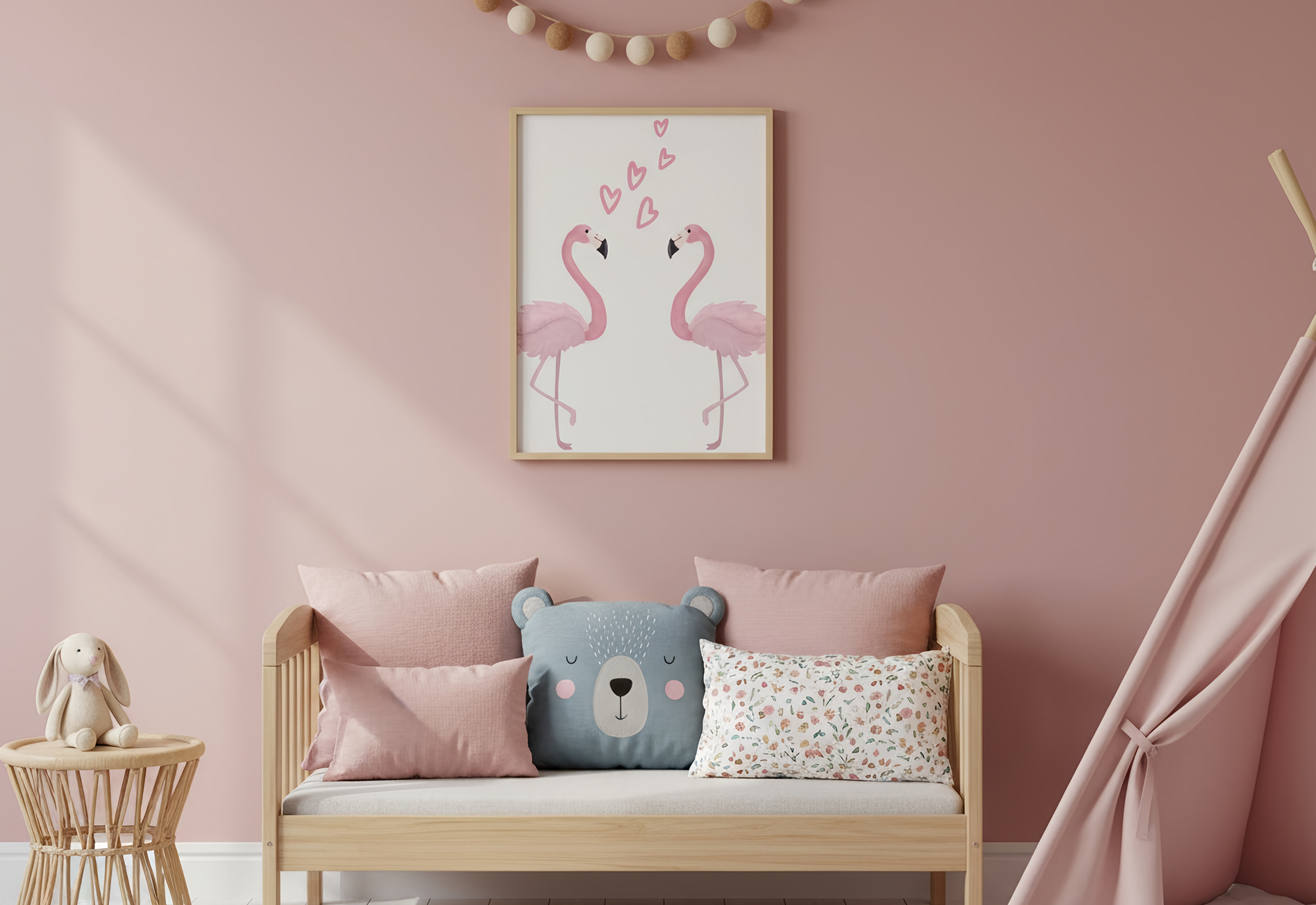 Children's room with pink wall, bench, flamingo wall art, and decorative items.