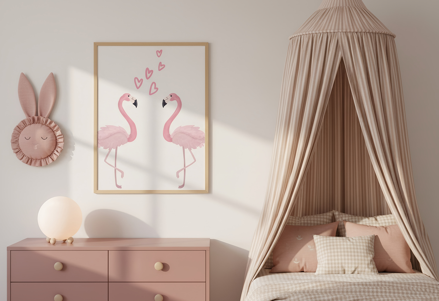 Children's bedroom with pink flamingo artwork, bunny wall decoration, and canopy bed.
