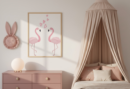 Children's bedroom with pink flamingo artwork, bunny wall decoration, and canopy bed.