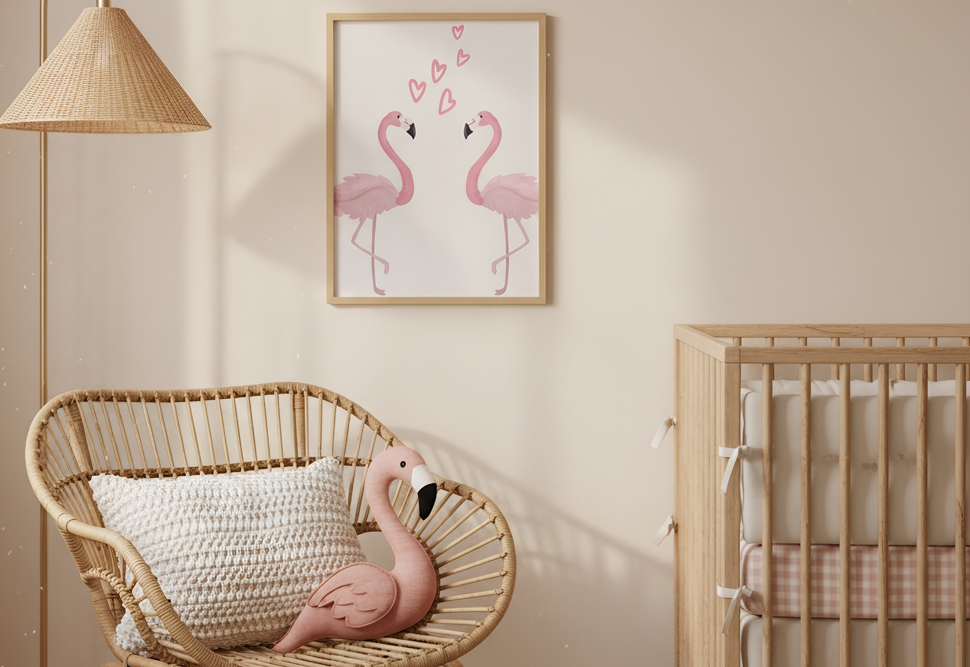 Nursery room with flamingo decor, crib, and chair.