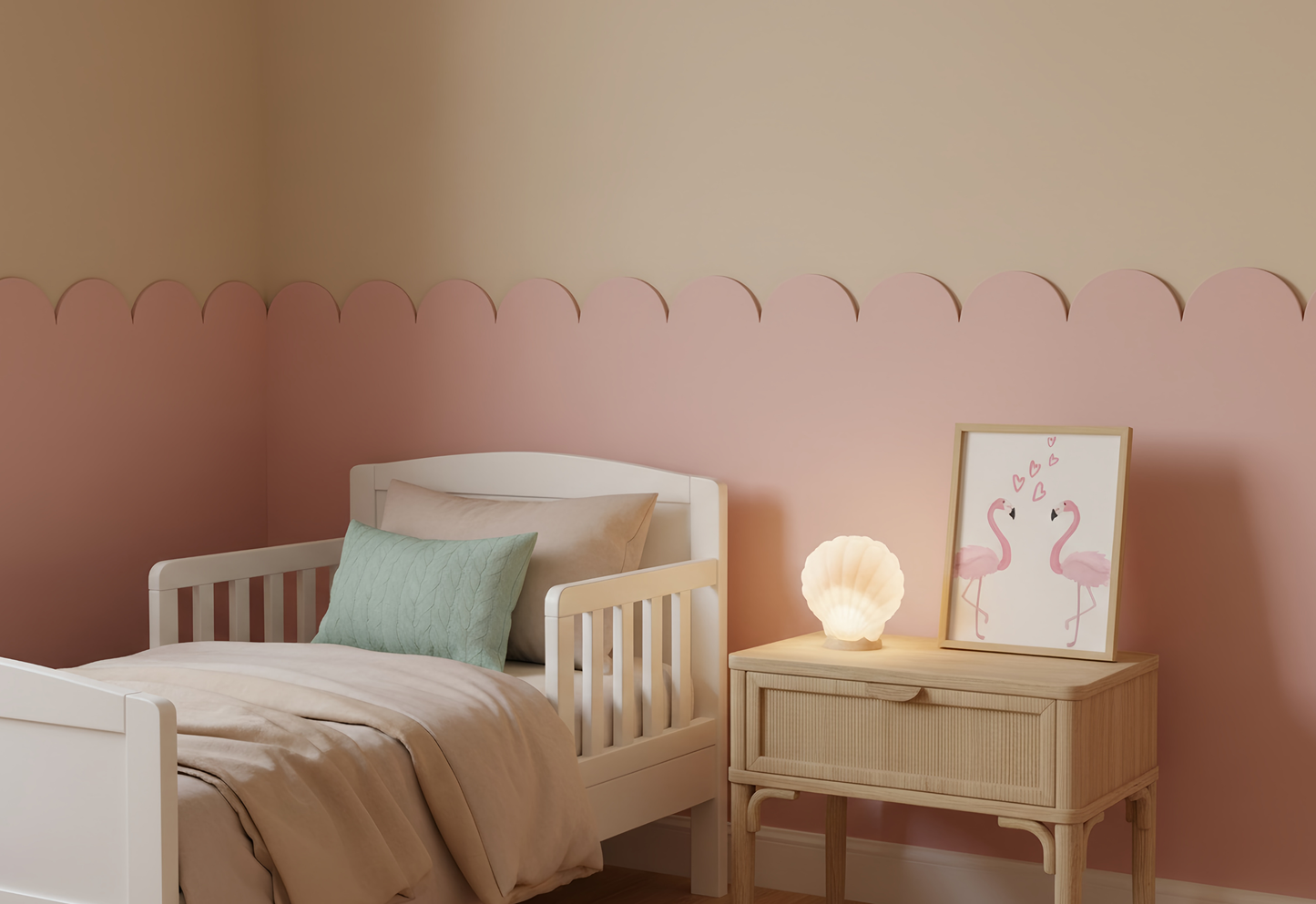 Children's bedroom with a bed and nightstand against a pink wall, and flamingo wall art.