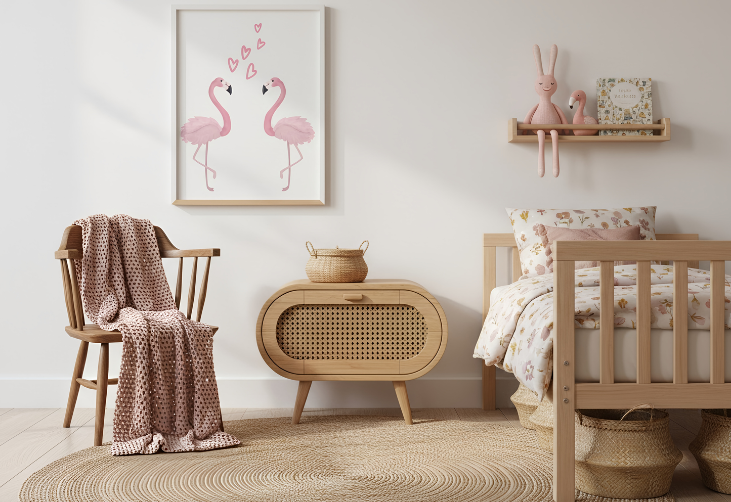 Nursery room with wooden crib, chair, flamingo wall art, and decorative elements.
