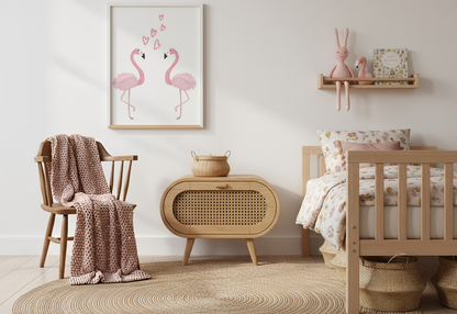 Nursery room with wooden crib, chair, flamingo wall art, and decorative elements.